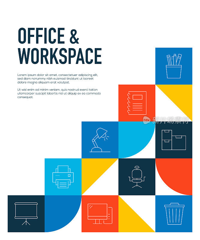 办公室和工作空间相关的线条风格横幅设计的网页，标题，小册子，年度报告和书籍封面
