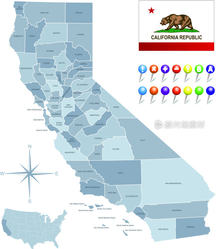 加州地图和它的旗帜