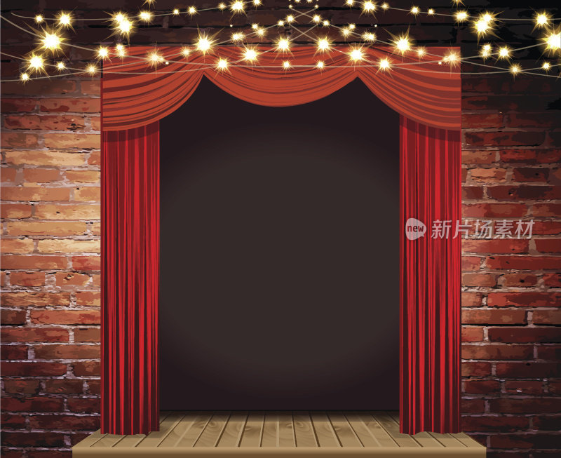 剧场舞台采用纯朴的砖墙，配有优雅的串灯、帘子