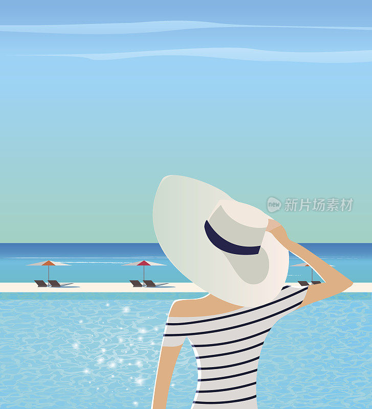 戴宽边帽的女人正在欣赏大海。