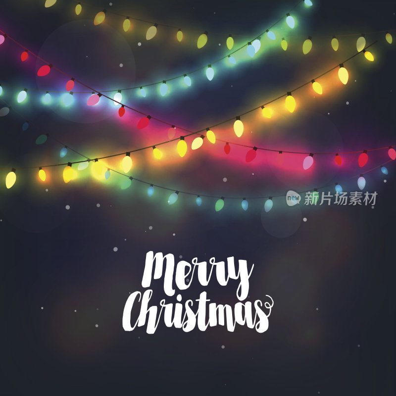 圣诞背景与彩色灯光花环和圣诞快乐的字母
