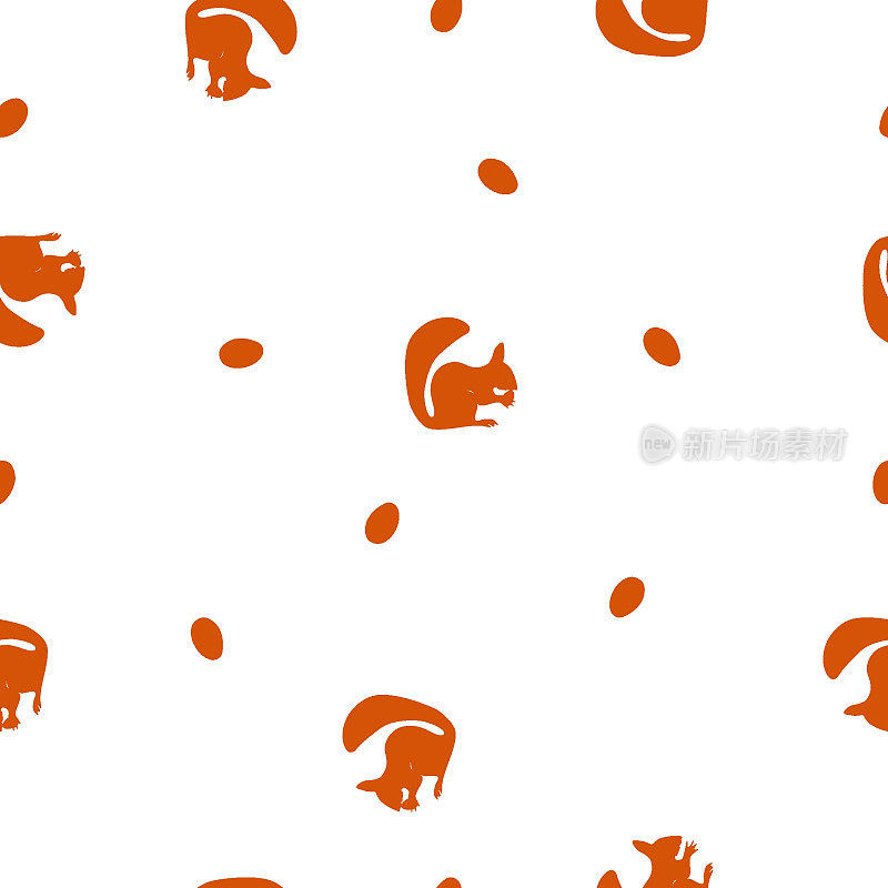 无缝图案橙色轮廓松鼠与坚果在白色