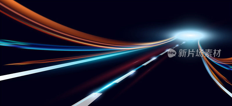 动态灯光的矢量插图。高速公路在夜间时段的抽象化。城市道路车辆灯光轨迹运动背景。