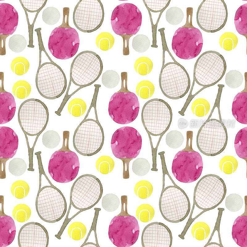 水彩网球和乒乓球，乒乓球和网球拍