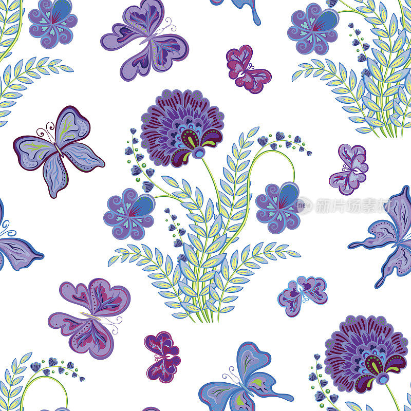 无缝纹理与花和蝴蝶。无尽的花卉图案。无缝图案可用于墙纸、图案填充、网页背景、表面纹理