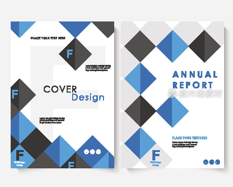 蓝色方形年度报告封面设计模板向量。宣传册概念介绍网站组合。白色传单模板布局。杂志商业广告集。海报A4