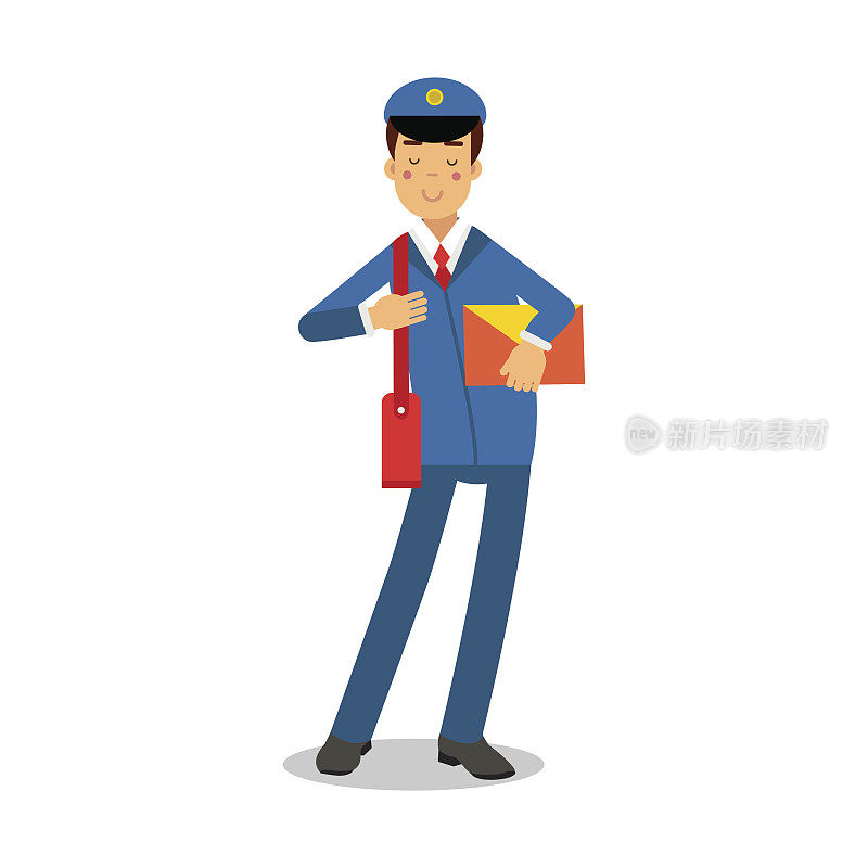 开朗的邮差穿着蓝色制服，用红色的袋子拿着黄色的信封卡通人物，快递邮件矢量插图