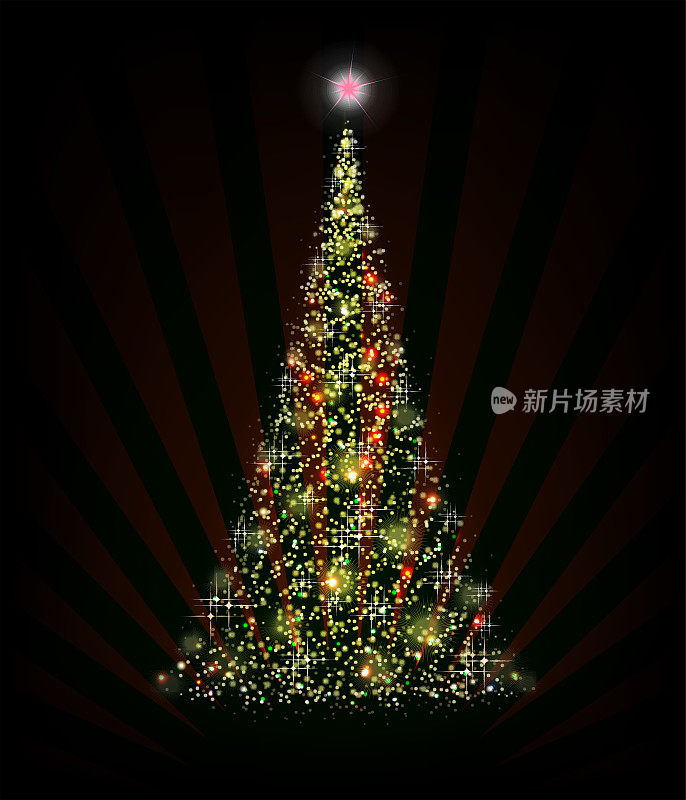 圣诞树上的黑色背景与射线