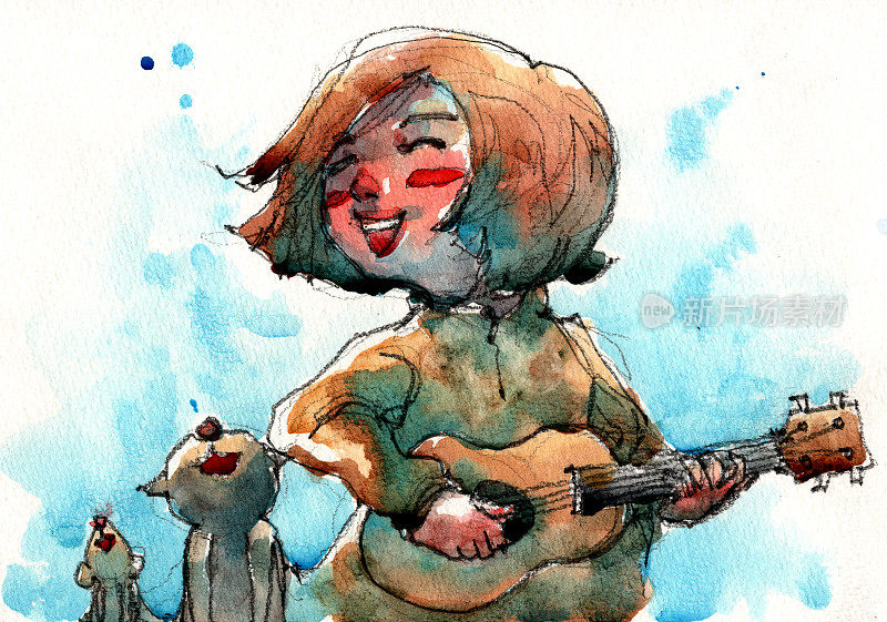女孩弹尤克里里，和小猫、老鼠一起唱歌