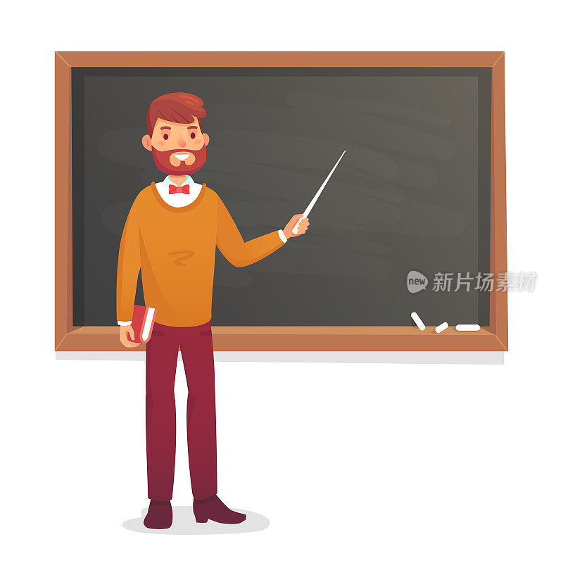 黑板和教授。学院或大学的老师在黑板上授课。学术教学卡通矢量插图