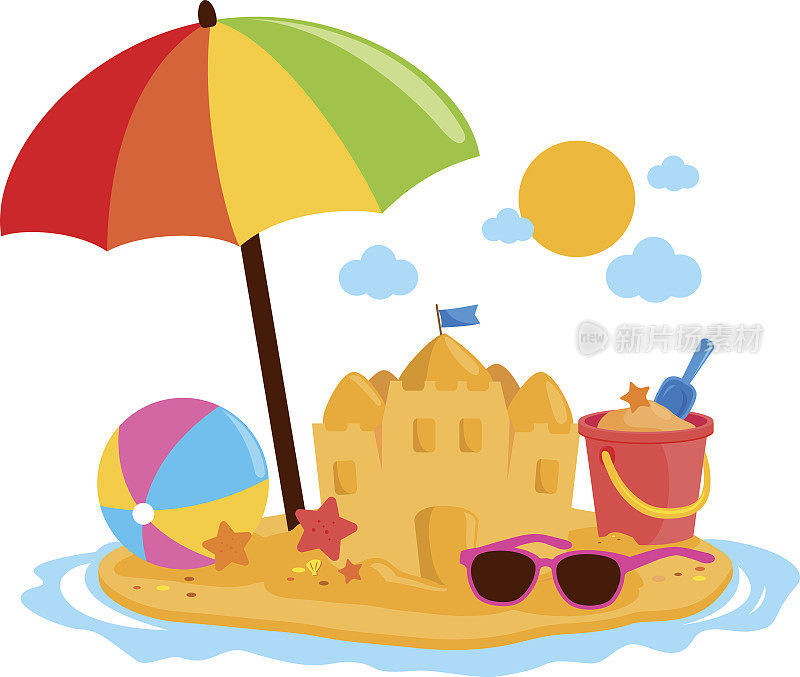 夏日度假岛上有沙滩伞、沙堡等沙滩玩具。