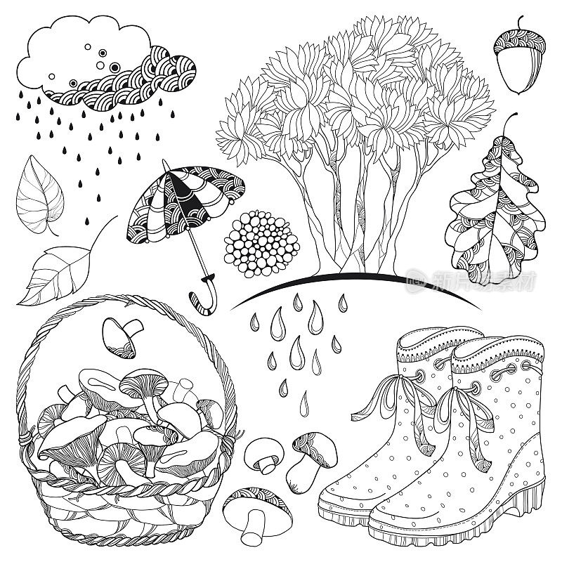 向量秋天设置与轮廓树与落叶，橡胶靴，篮子蘑菇，伞，雨云和叶子在黑色孤立在白色的背景。