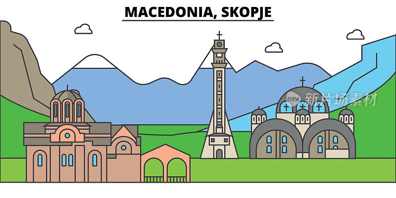 马其顿斯科普里,山。城市天际线，建筑，建筑，街道，剪影，景观，全景，地标。可编辑的中风。平面设计线矢量插图概念。孤立的图标