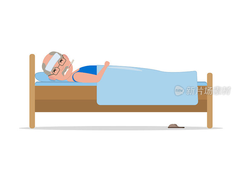 向量卡通生病的老人在床上与流感