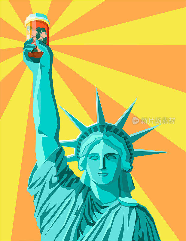 自由女神像举着一个药瓶——美国处方药流行的概念插图
