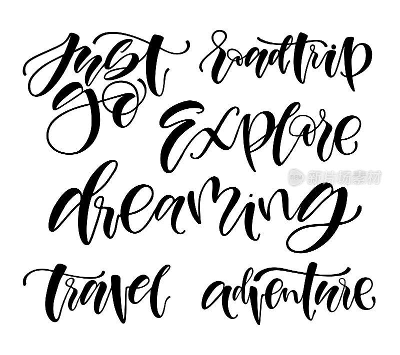 旅行生活方式灵感语录刻字。励志名言排版。书法平面设计元素。那就去吧。Roadtrip。探索。在做梦。旅行。冒险。