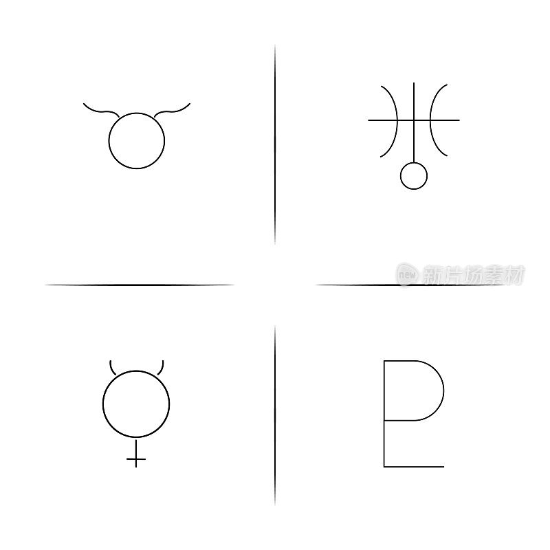 占星术简单线性图标集。简单的轮廓图标
