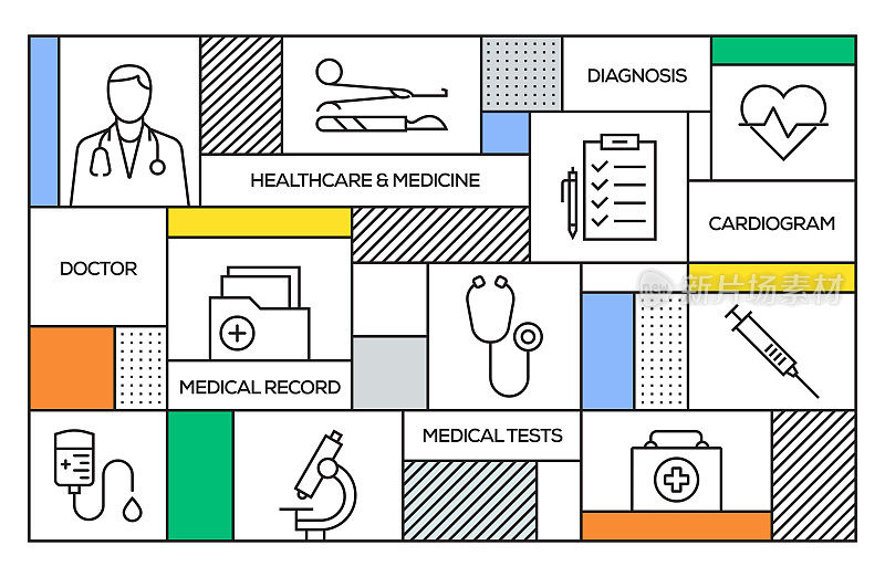 医疗保健和医学概念。几何复古风格的旗帜和海报概念与医疗保健和医药线图标
