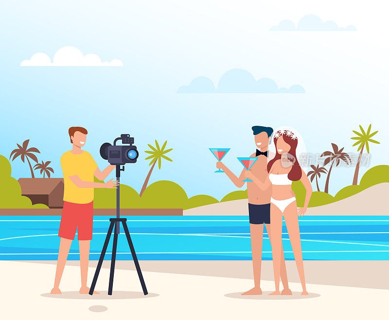 专业摄影师人物在海滨度假胜地为新婚夫妇和新郎拍照。矢量平面卡通图形设计插图