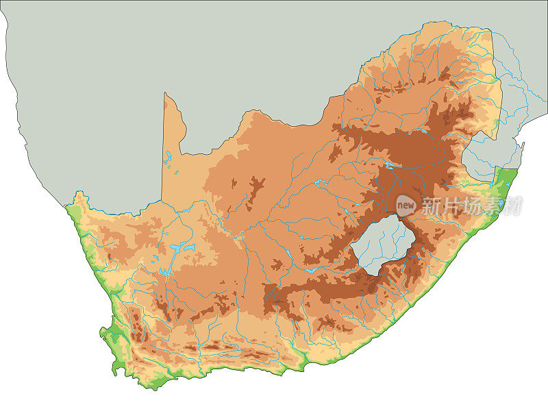 高详细的南非物理地图。