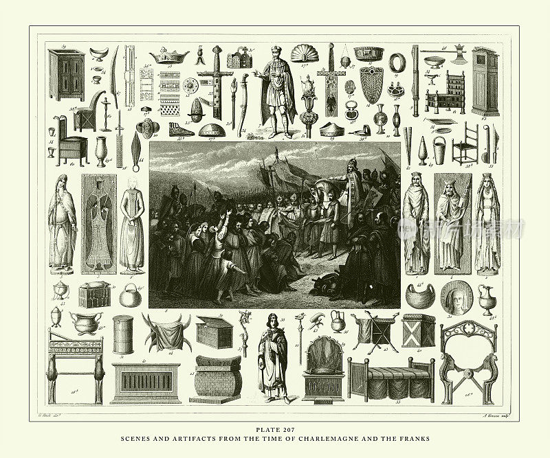 雕刻古董，查理曼时代的场景和文物和法兰克雕刻古董插图，1851年出版