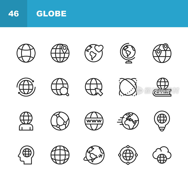 全球和通讯线路图标。可编辑的中风。像素完美。移动和网络。包含全球、地图、导航、全球业务、全球通信等图标。