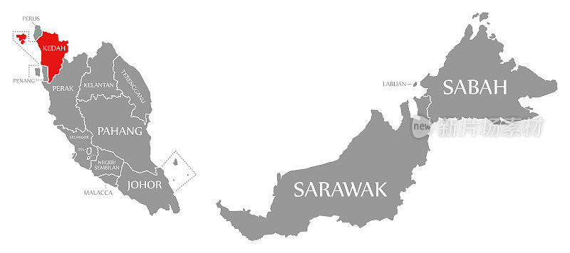 马来西亚地图上以红色标注的吉打州