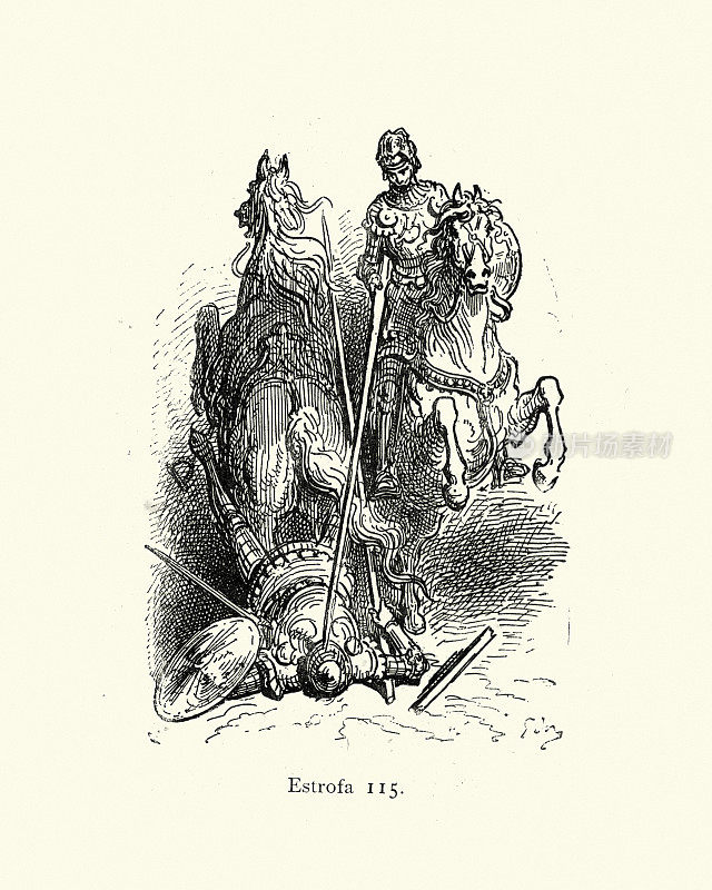 中世纪的比武比赛，骑士用长矛击倒另一匹马