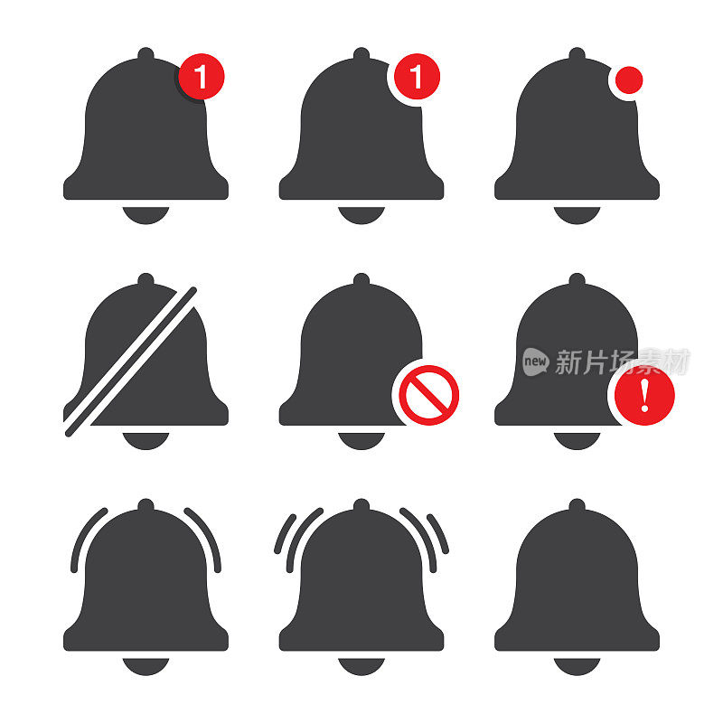 通知钟图标设置。接收收件箱邮件，铃声和通知号码标志，闹钟和手机应用程序警报矢量设计。