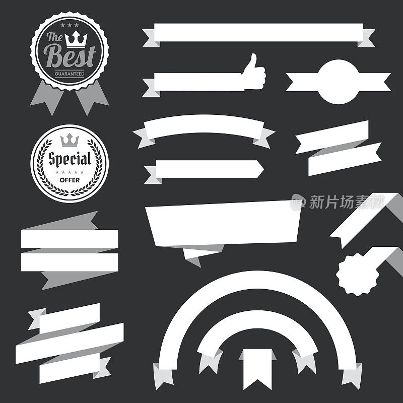 一套白色丝带，横幅，徽章，标签-设计元素在黑色的背景