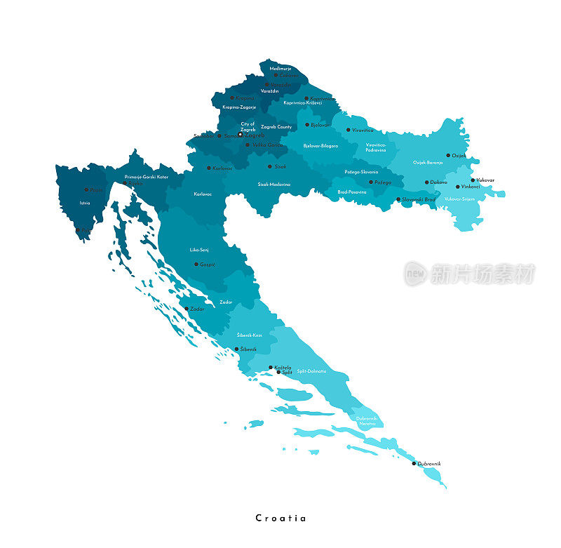 矢量现代孤立插图。简化的克罗地亚行政地图，蓝色。白色背景。克罗地亚城市和县(地区)名称