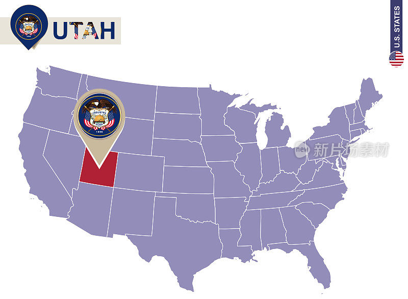 美国地图上的犹他州。犹他旗和地图。