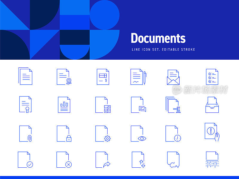 文档相关的线条图标集。可编辑的中风。简单的轮廓图标。