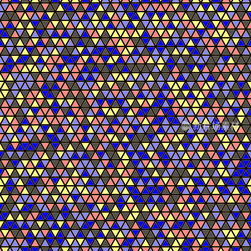 纯粹随机有限的颜色，即一些相同颜色的相邻三角形。等边三角形等边，可重复的图案背景插图。空间和中风。