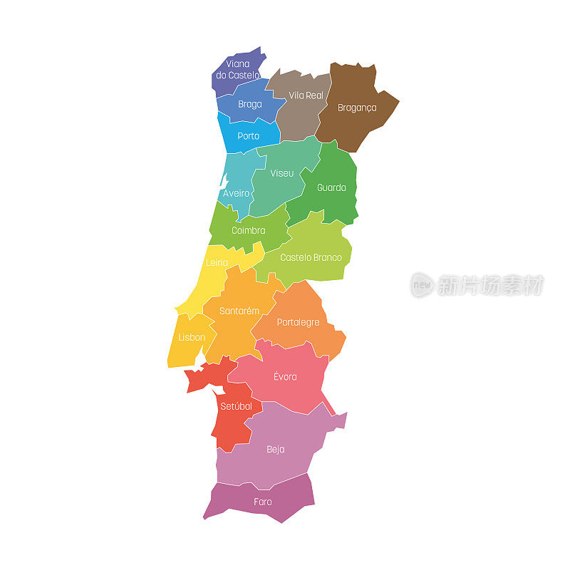 地区的葡萄牙。区域及国家行政区划地图。色彩斑斓的矢量图