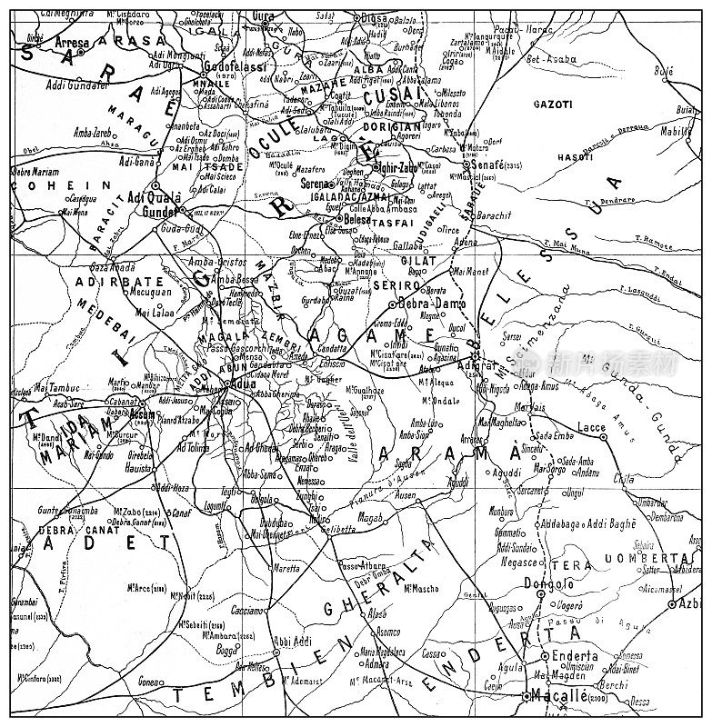 第一次意大利-埃塞俄比亚战争(1895-1896)的古董插图:提格雷地图