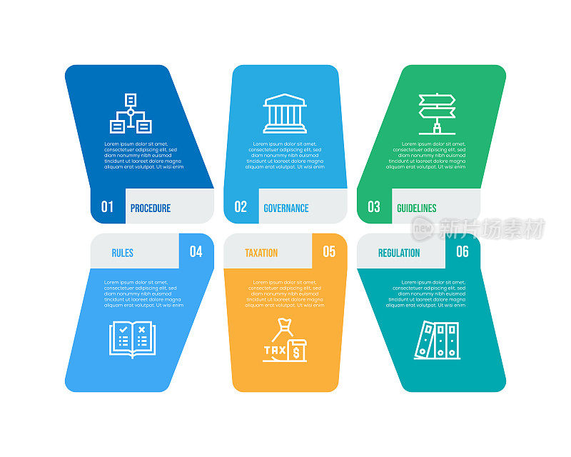 信息图表设计模板。程序、治理、指导方针、规则、税收、有6个选项或步骤的监管图标。