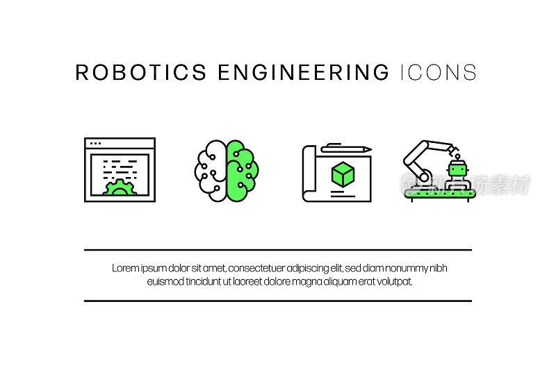 机器人工程相关的平面线图标,轮廓向量符号插图。