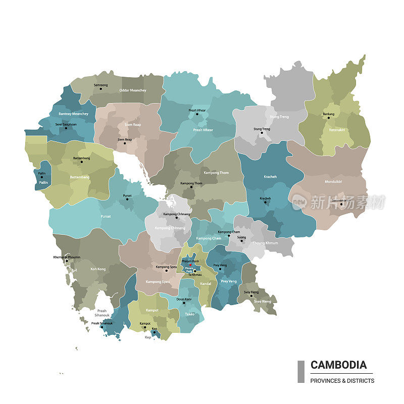 柬埔寨高详细地图与细分。柬埔寨行政地图与地区和城市名称，颜色由州和行政区域。矢量插图。