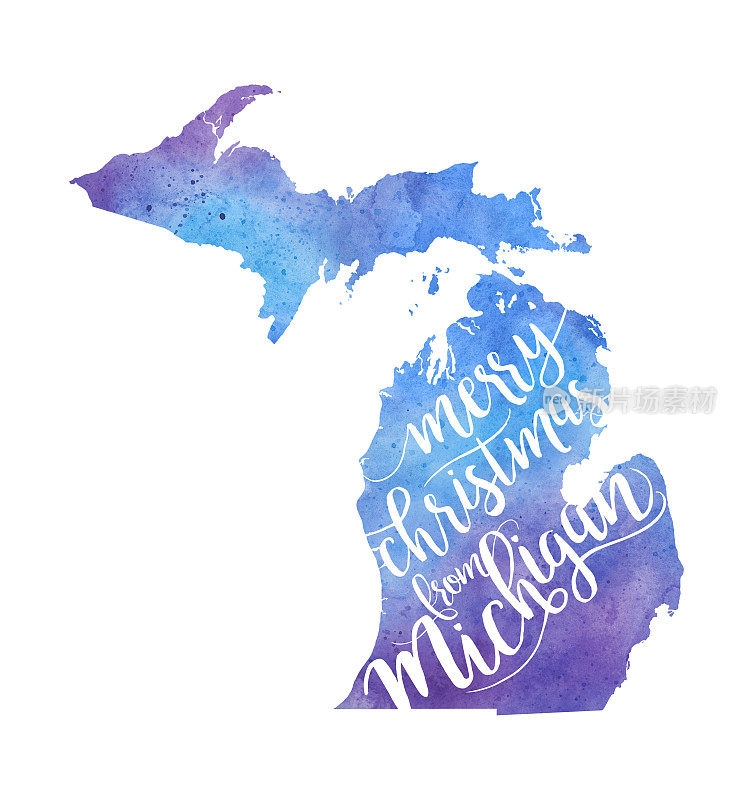 圣诞快乐的密歇根地图从密歇根文字水彩地图栅格插图
