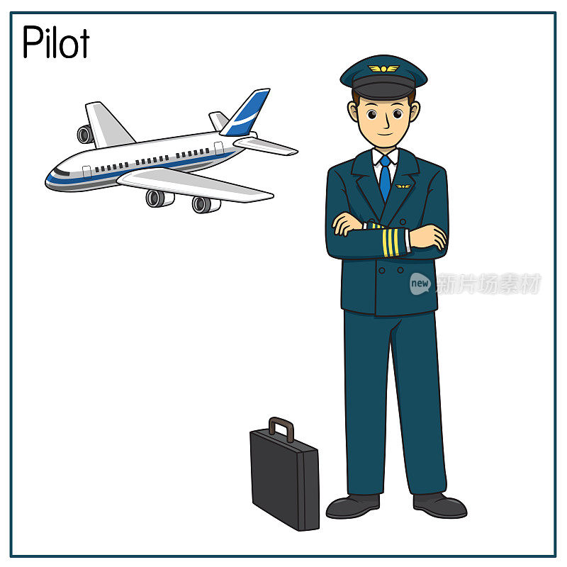 矢量插图的飞行员孤立的白色背景。工作和职业概念。卡通人物。教育和学校的孩子涂色页，打印，活动，工作表，抽认卡。