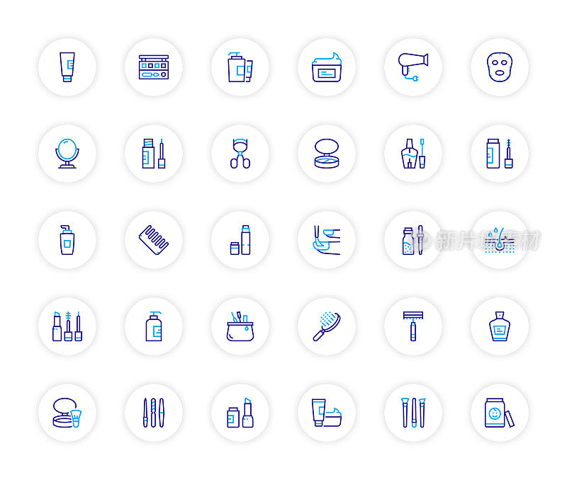 美容，身体护理和化妆品相关的线图标。向量符号说明。