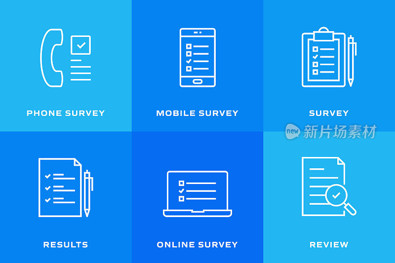 调查和评价相关的线图标。向量符号说明。