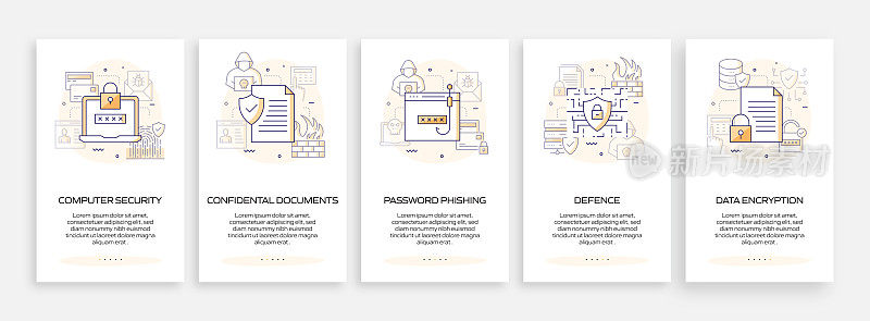 数据安全和网络安全概念的移动应用程序页面屏幕与平面图标。用户体验，用户界面设计模板矢量插图