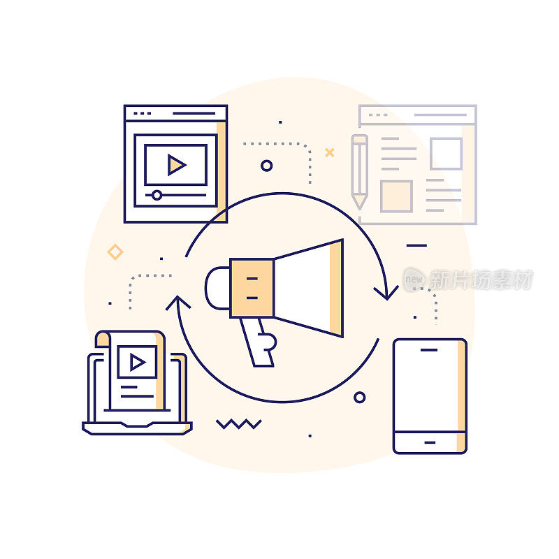 入站营销相关线路图标。向量符号说明。