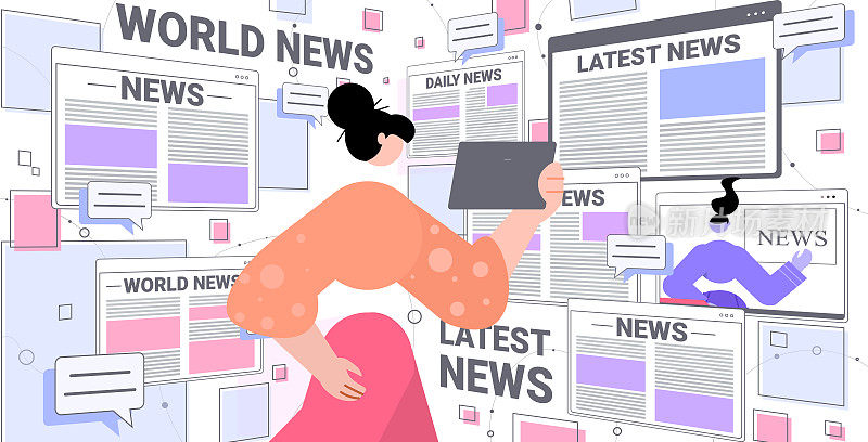 女性在平板电脑上阅读每日新闻，报纸出版网络概念水平