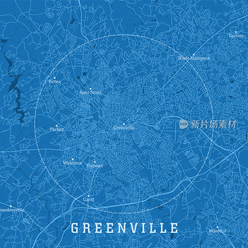 格林维尔SC城市矢量道路地图蓝色文本
