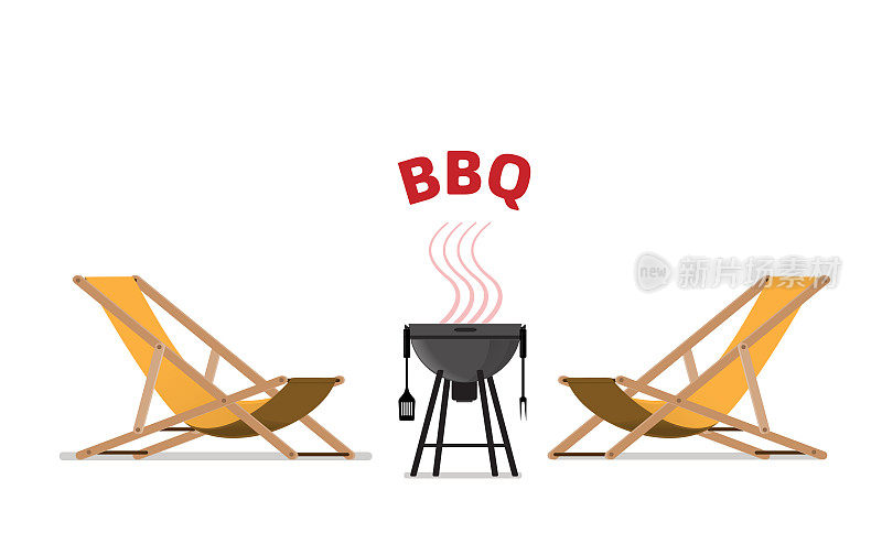 矢量插图的烧烤烧烤架与两个甲板椅子，烧烤邀请模板，