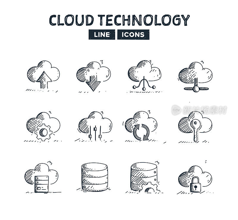 云技术手绘线图标集和草图设计
