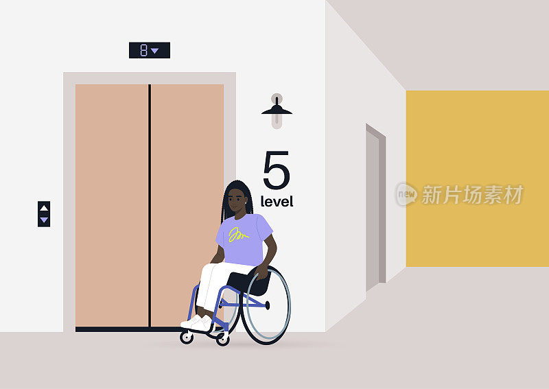 年轻的黑人女性角色坐在轮椅上等待电梯，融入了日常生活